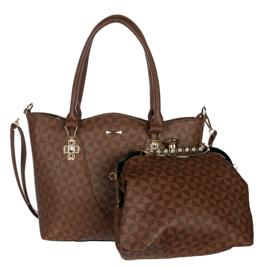 Brown 2 IN 1 Signature Inspired Fashion Handbag - F373 - Click Image to Close
